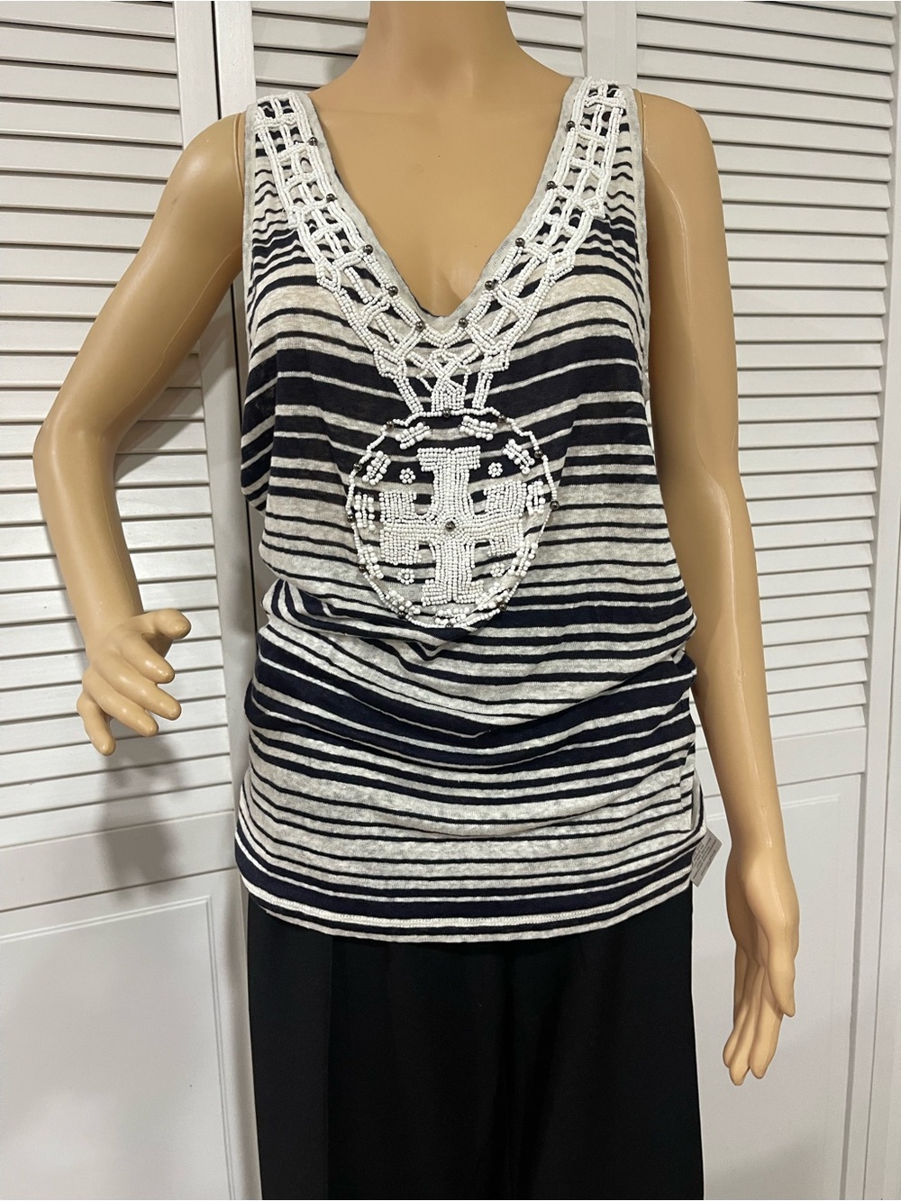 Tory Burch Navy & White Striped Beaded V-Neck Tank - Picture 5 of 7